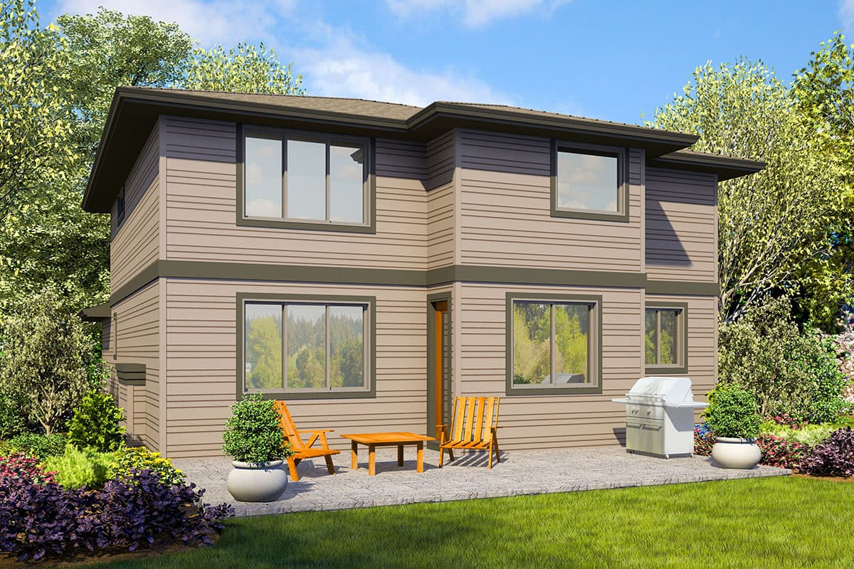Two-story house plan exterior with horizontal siding, a hip roof, and large windows. Includes patio furniture and grill.