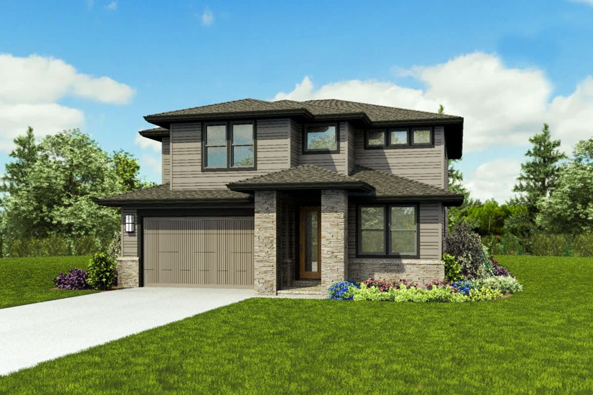 House plan exterior: two-story Modern home with a two-car garage, stone accents on the entrance, and wide horizontal siding.