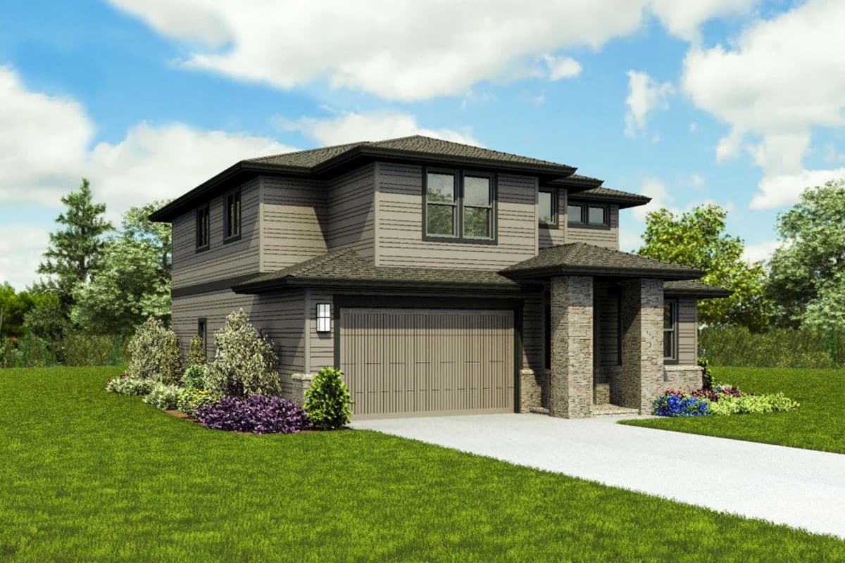 Two-story house plan exterior with a gable roof, stone-clad porch columns, and a two-car garage.