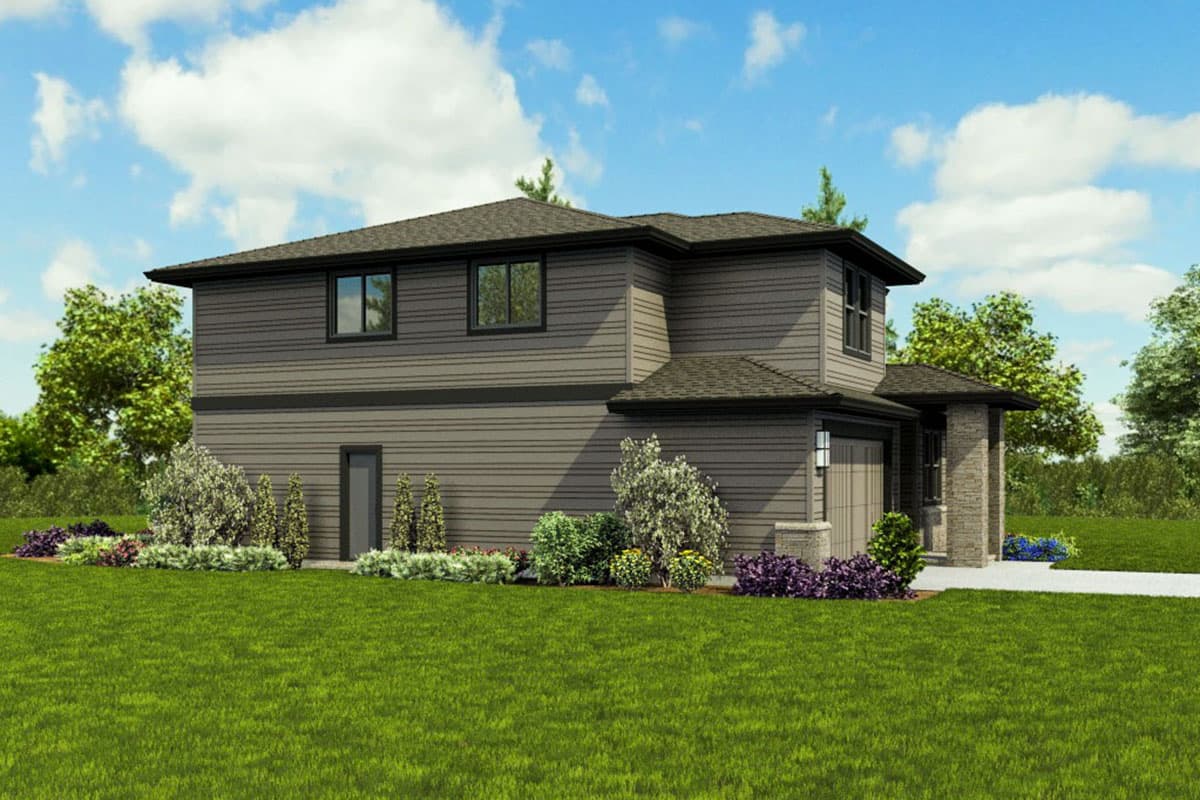 House plan exterior: Two-story home with horizontal siding, a gabled roof, front-facing garage, and stone-accented entryway.