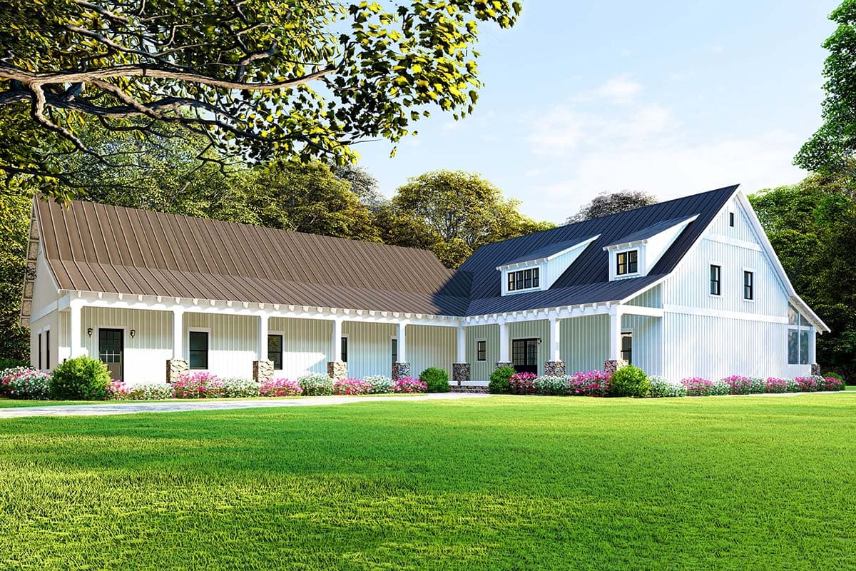 Modern farmhouse house plan exterior with a wrap-around porch, gables, dormers, and a metal roof.