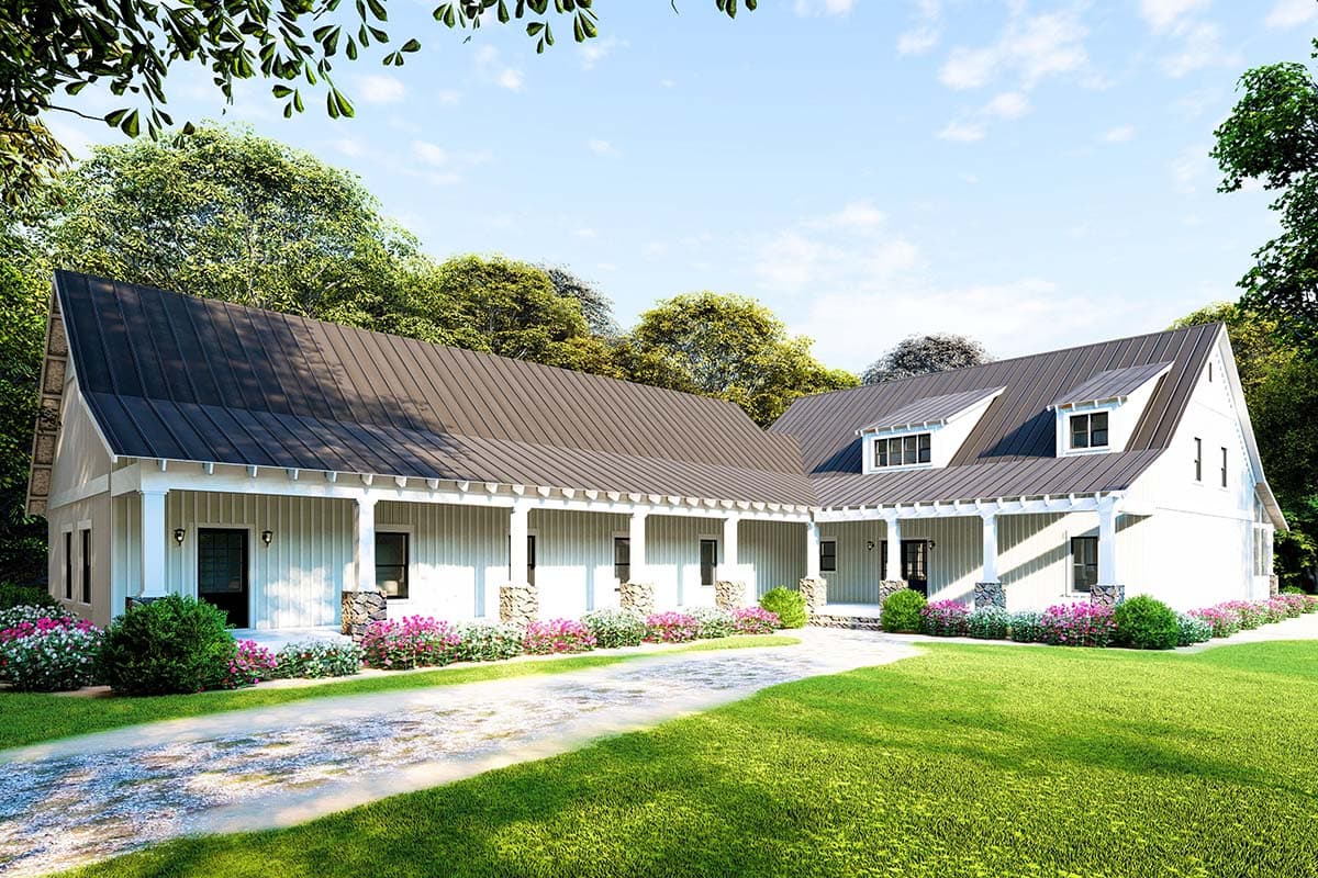 House plan exterior view, Modern Farmhouse style. Features a covered porch, gabled roof, and dormers. One-story home with a metal roof.