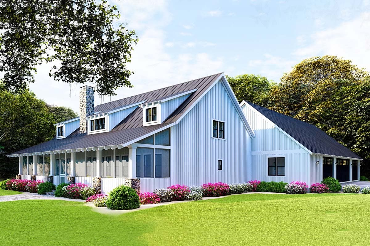 House plan exterior: Modern Farmhouse style, two-story with a wraparound porch, metal roof, stone chimney, and a three-car garage.