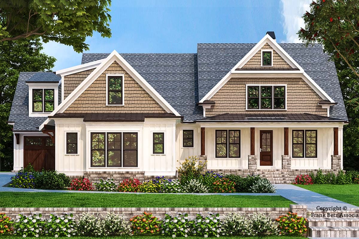 Modern Farmhouse house plan exterior with gabled dormers, a covered porch, and a side-entry garage.