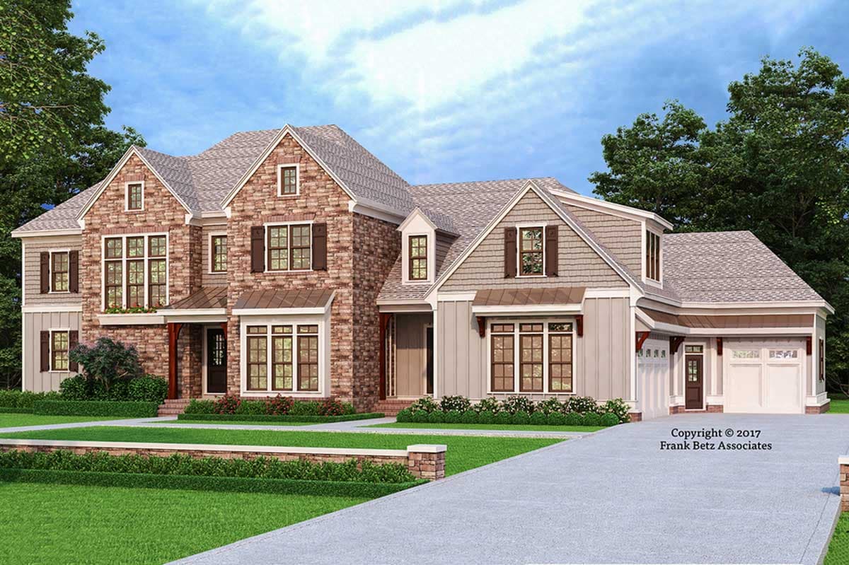House plan exterior with two stories. Features include a brick facade, gabled roof, dormers, and attached garage with a shed roof.