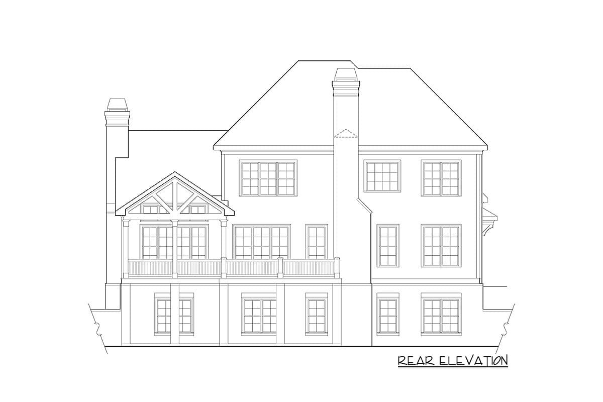 Rear elevation drawing of a house plan with multiple windows, a large hipped roof, and a prominent gable over a covered porch.