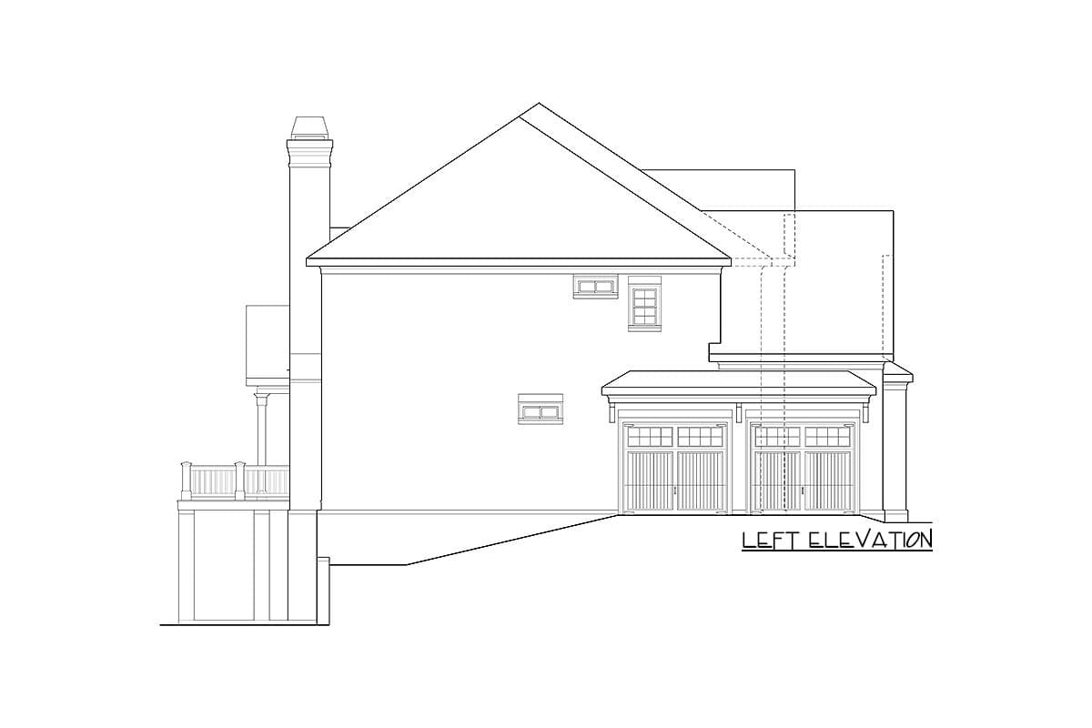 Left elevation of a two-story house plan with a prominent chimney, covered porch, and a three-car garage.