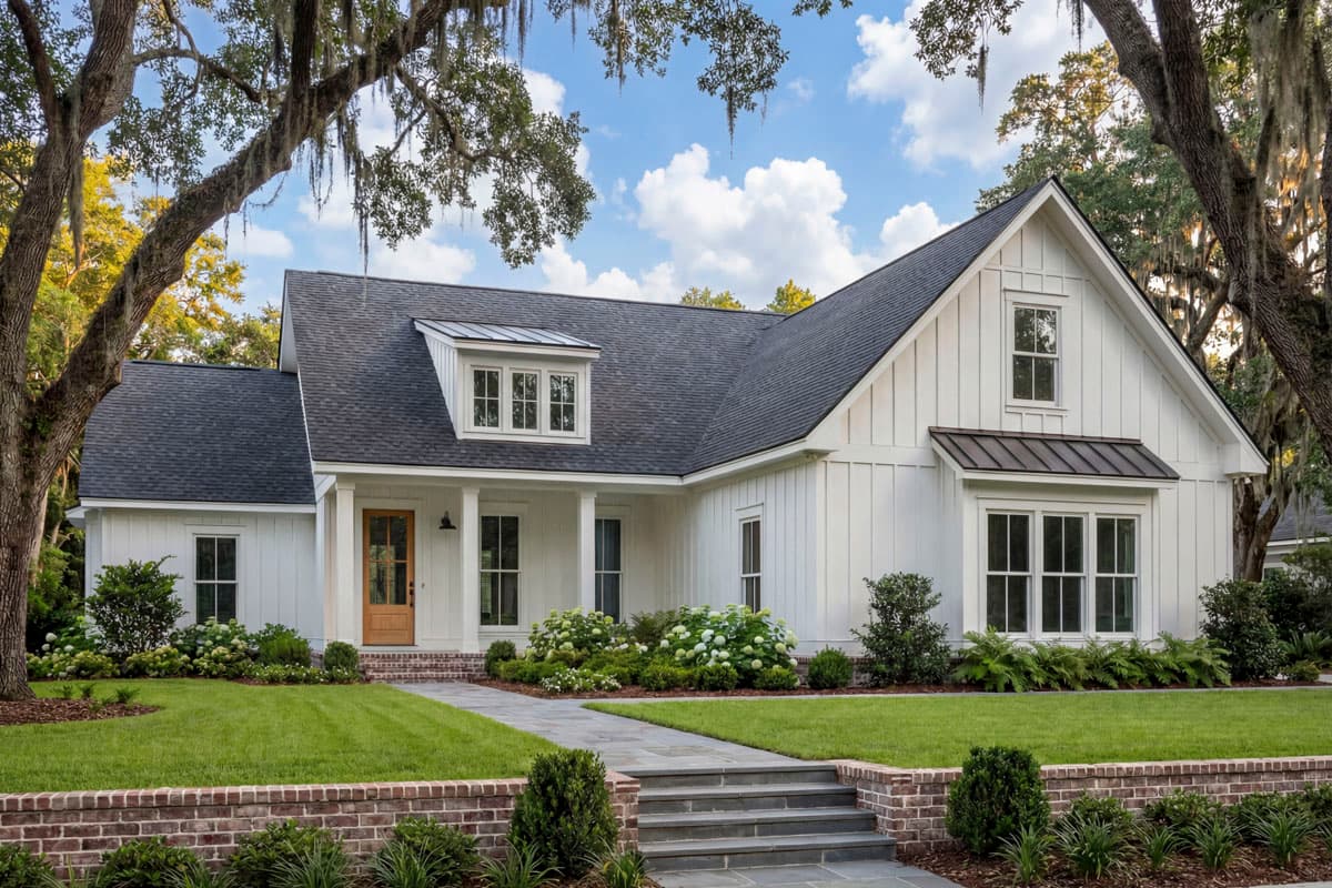 Modern Farmhouse house plan exterior with board and batten siding, dormer, metal roof accents, and covered entry.