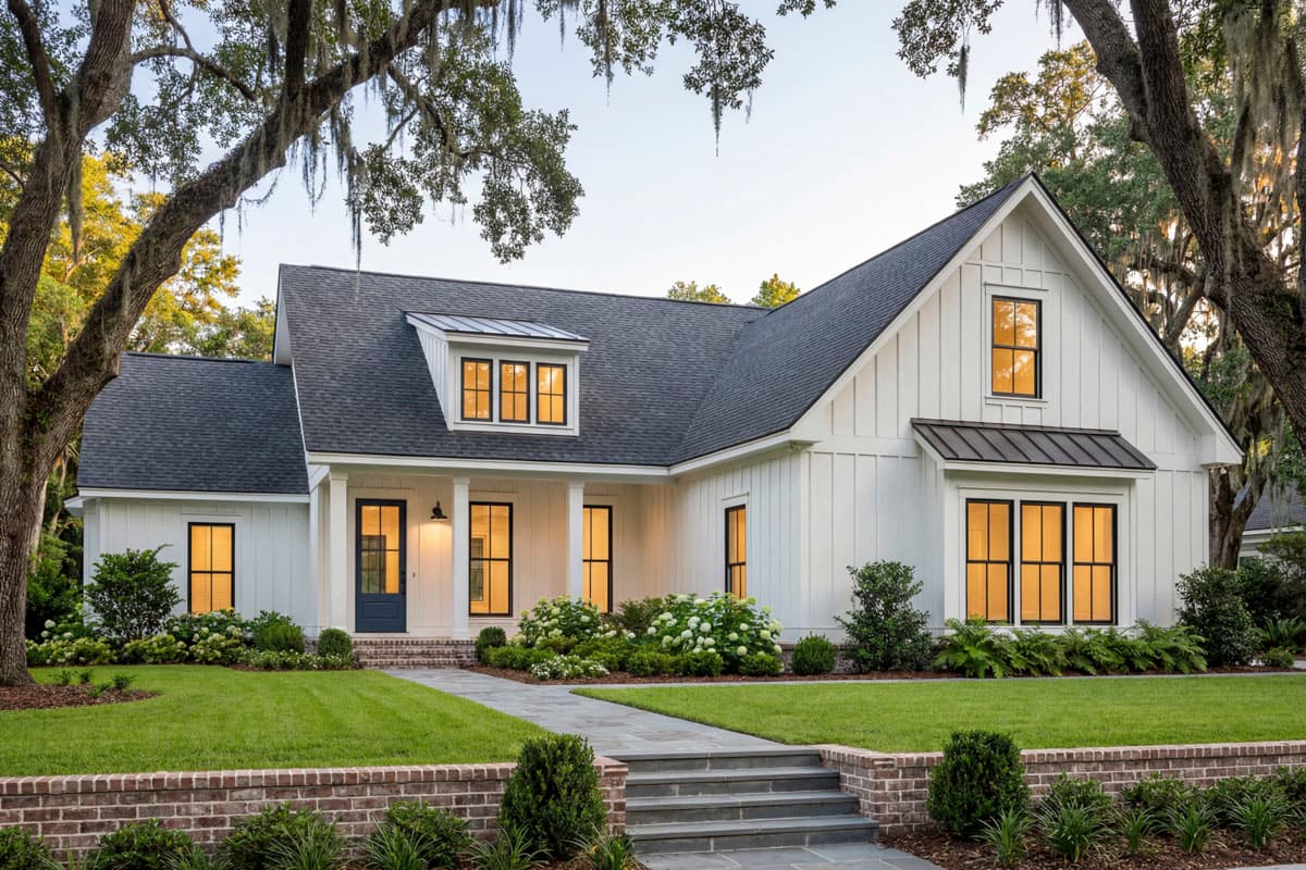 Modern Farmhouse style house plan exterior with board and batten siding, dormer, and covered porch.