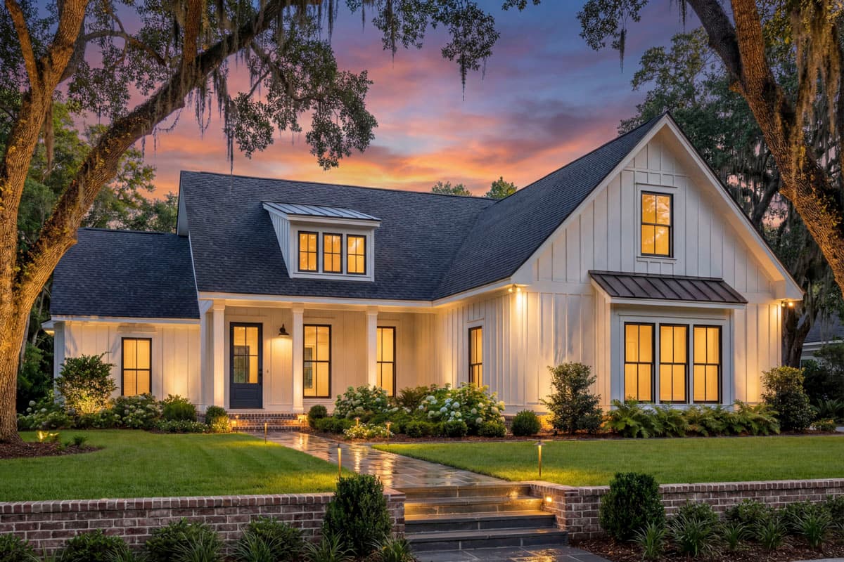 Modern Farmhouse style house plan exterior with board-and-batten siding, gable dormer, and covered front porch.