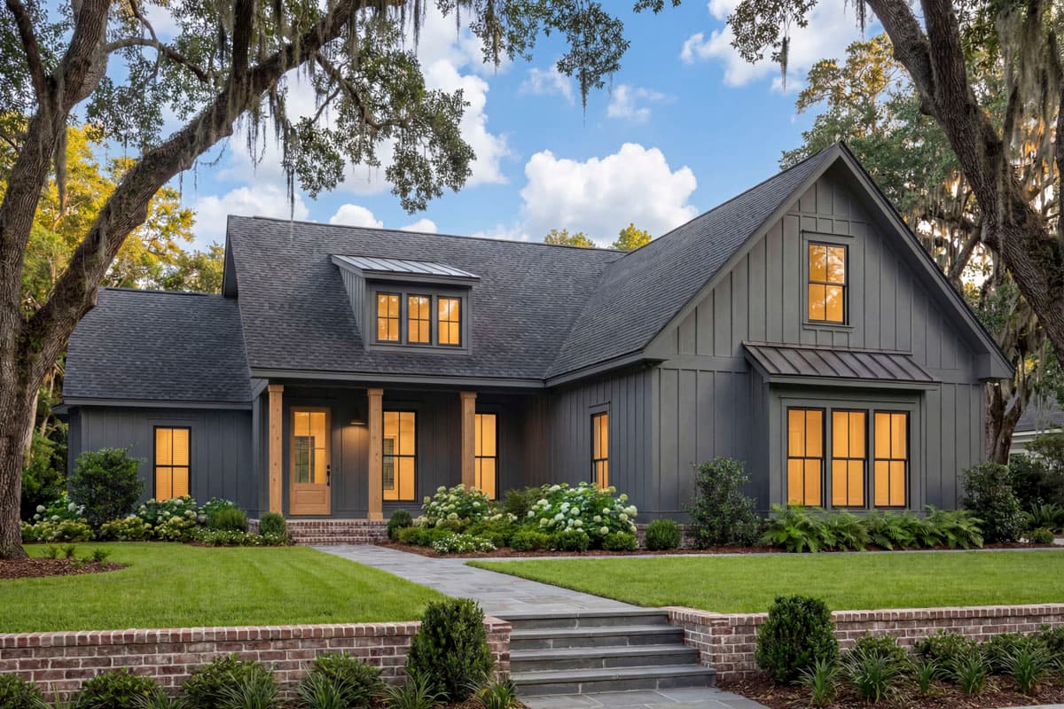 House plan exterior. Modern Farmhouse style, one-story home with gables, dormers, and a covered porch. Board and batten siding.