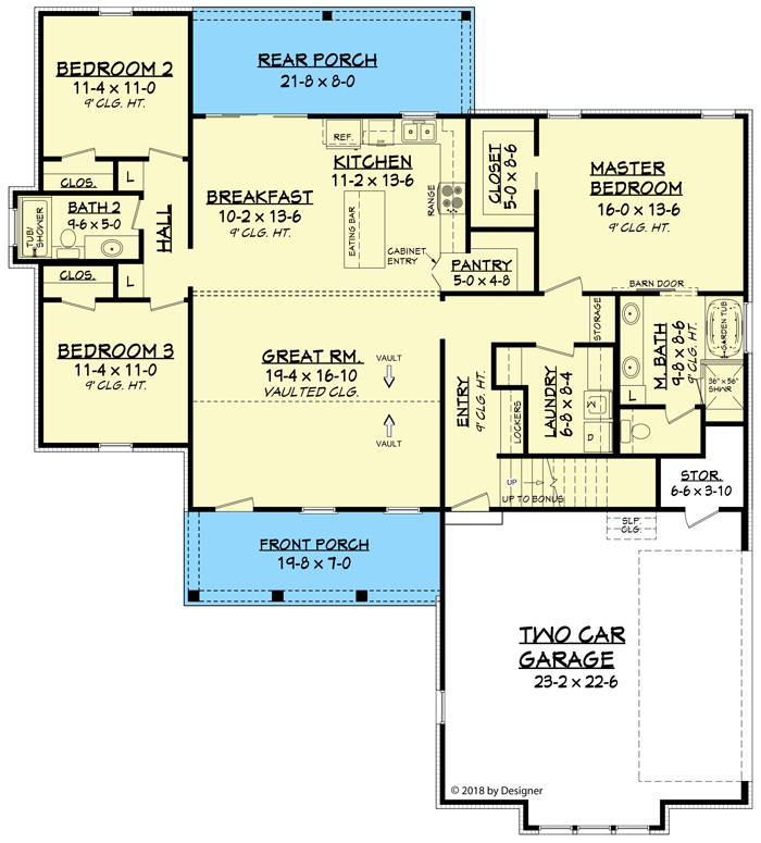 Plan 51797HZ: Exclusive Split-Bed Cottage House Plan with Shed Dormer - Floor Plan - Main Level - Cottage, Country, Farmhouse, New American, Traditional