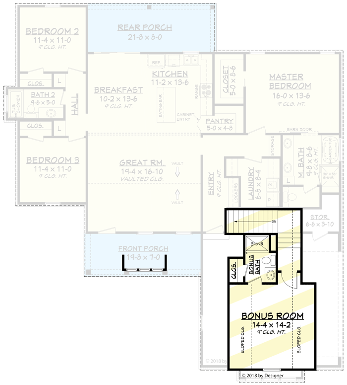 Plan 51797HZ: Exclusive Split-Bed Cottage House Plan with Shed Dormer - Floor Plan - Optionally Finished Bonus - Cottage, Country, Farmhouse, New American, Traditional