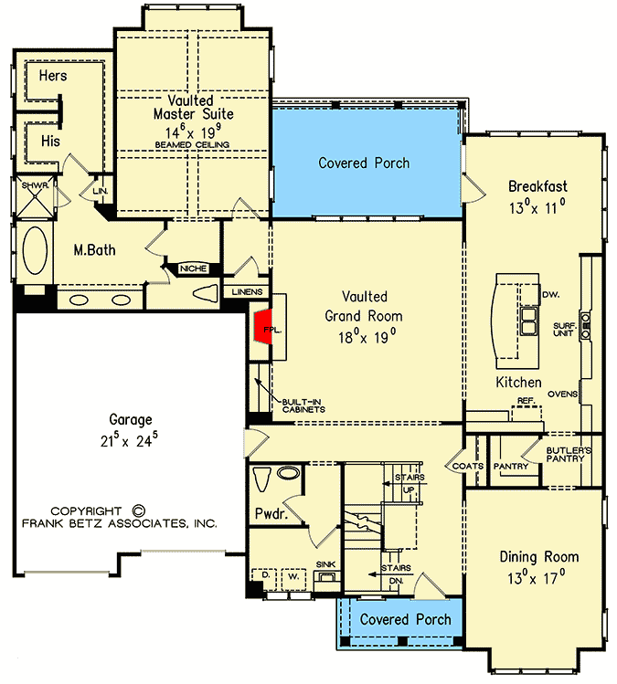 Plan 710127BTZ: 3-Bed House Plan with Vaulted Grand Room with Overlook - Floor Plan - Main Level - Southern, Traditional