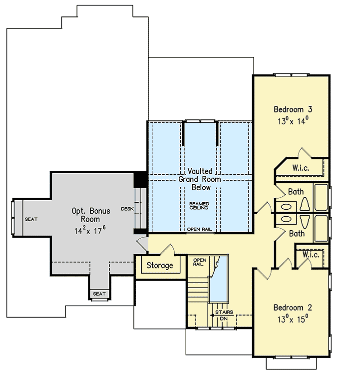 Plan 710127BTZ: 3-Bed House Plan with Vaulted Grand Room with Overlook - Floor Plan - 2nd Floor - Southern, Traditional