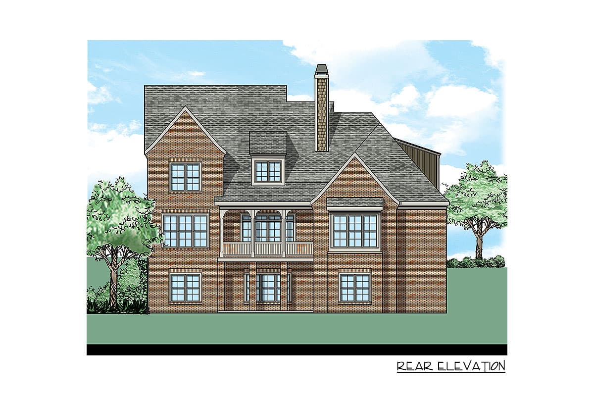 Rear elevation drawing of a two-story brick house with a central second-story balcony, multiple gables, and a prominent chimney.