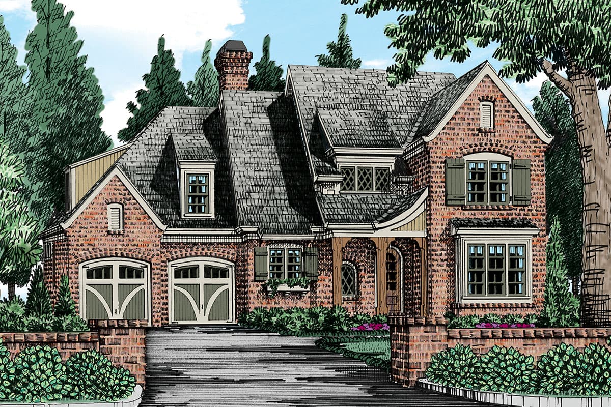 House plan exterior: Brick home with steeply pitched roof, dormers, arched garage doors, prominent chimney, and arched entry.