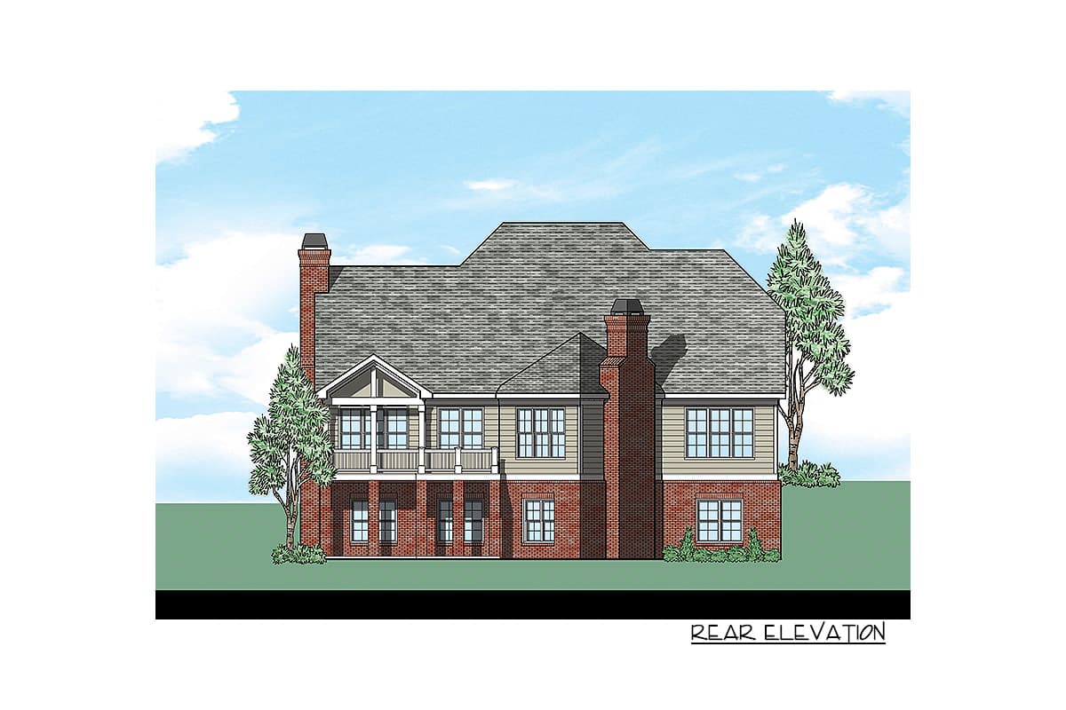 Rear elevation house plan showing two stories, brick foundation, siding, gables, chimneys, and a covered balcony.