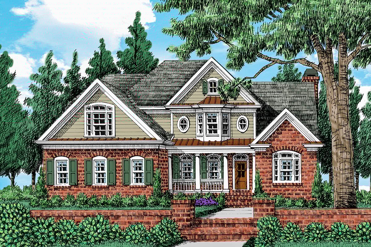House plan exterior. Two-story home with multiple gables, a front porch, and dormers. Features brick and siding exterior with multiple window styles.