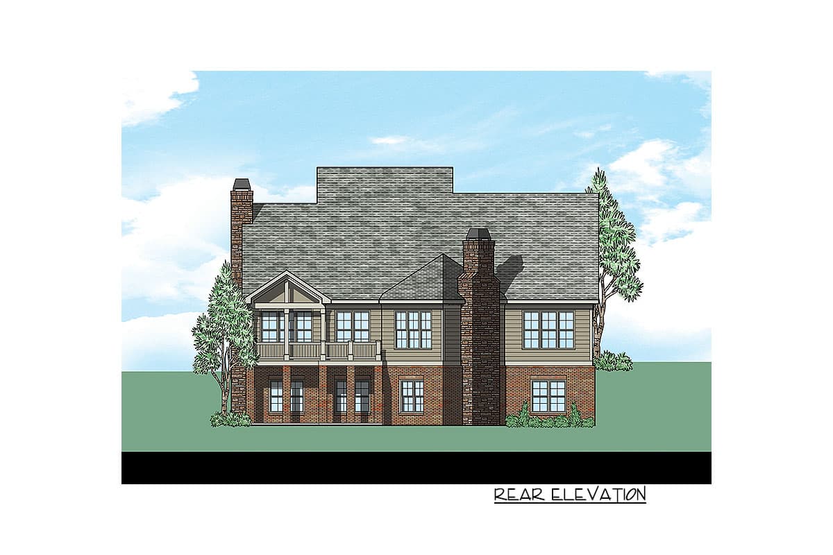 Rear elevation house plan with brick base, siding, two chimneys, and covered second-story balcony.