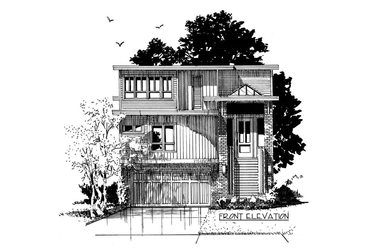 Front elevation drawing of a two-story house with a covered porch, large windows, and a two-car garage.