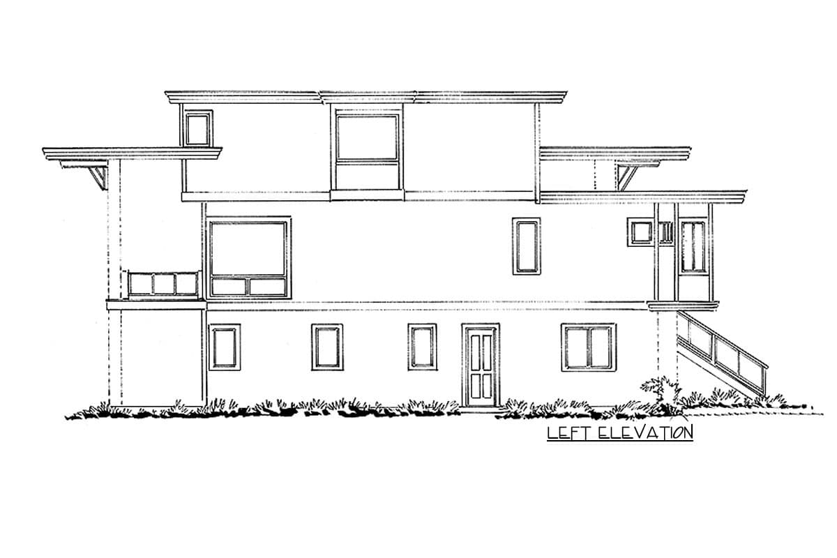 Left elevation house plan with multiple levels, balconies, cantilevered rooflines, and varied window sizes.