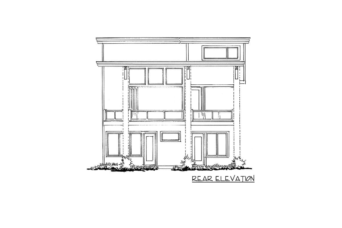 Rear elevation drawing of a contemporary house plan with three stories, balconies, and multiple windows.