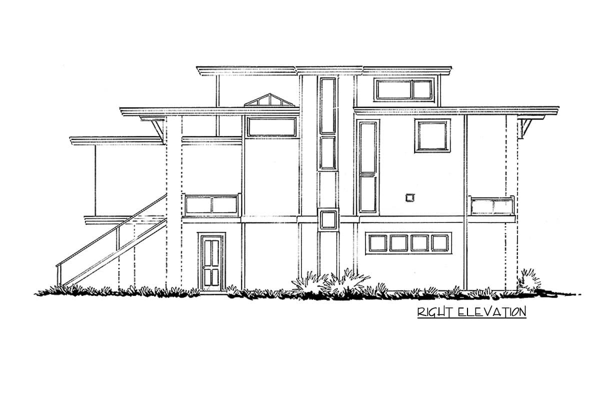 Right elevation house plan featuring a multi-level design with flat roofs, prominent vertical windows, and an exterior staircase.