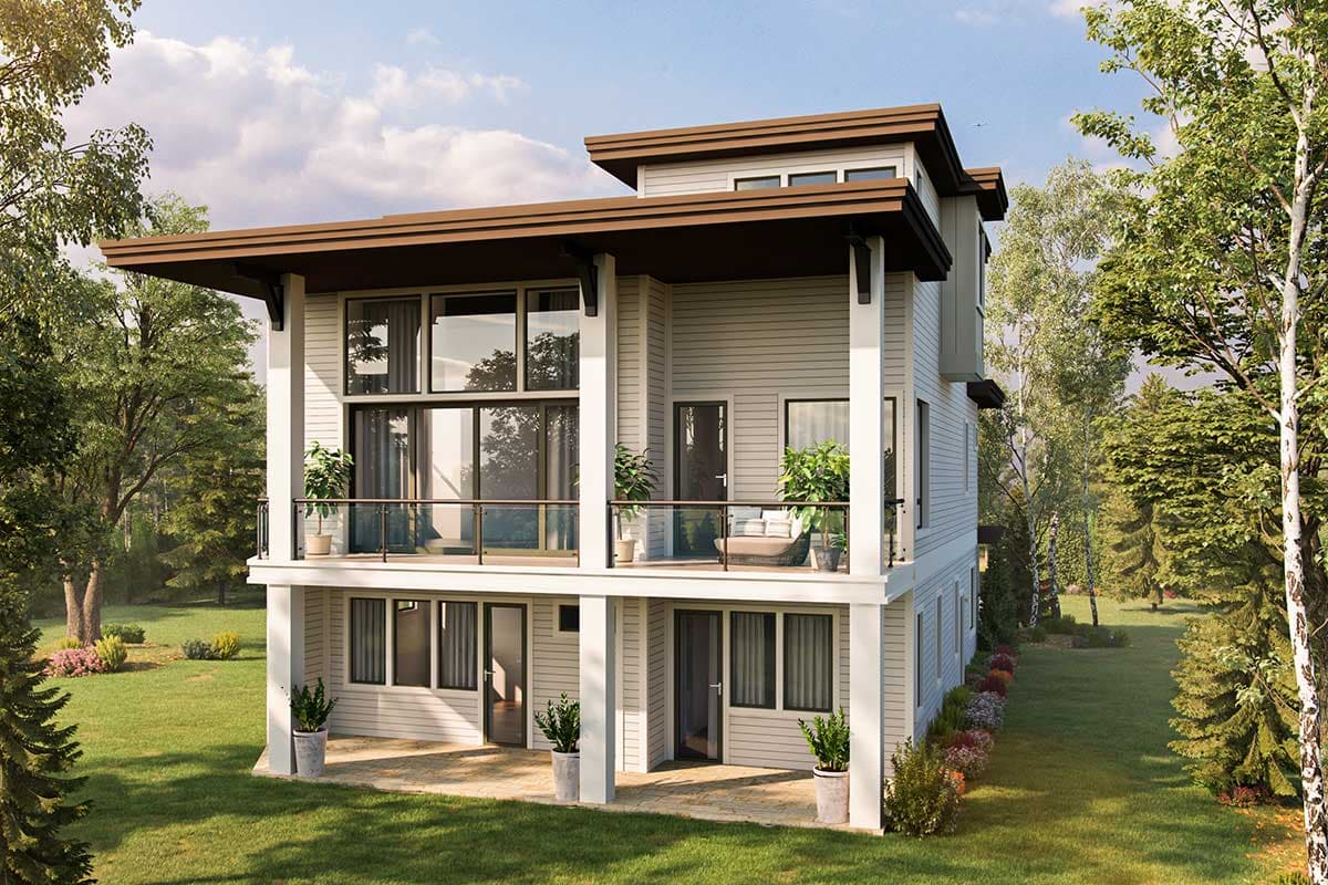 Modern house plan exterior with horizontal siding, large windows, second-story balcony, and flat rooflines.