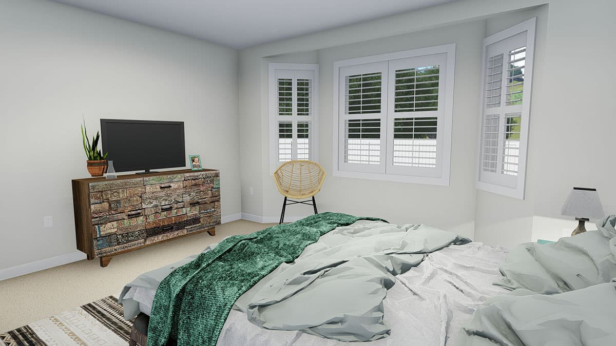 Bedroom rendering with bed, dresser, television, and bay windows with shutters.