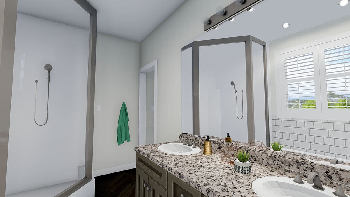 Modern bathroom with dual sinks, granite countertops, glass-enclosed shower stalls, and plantation shutters.