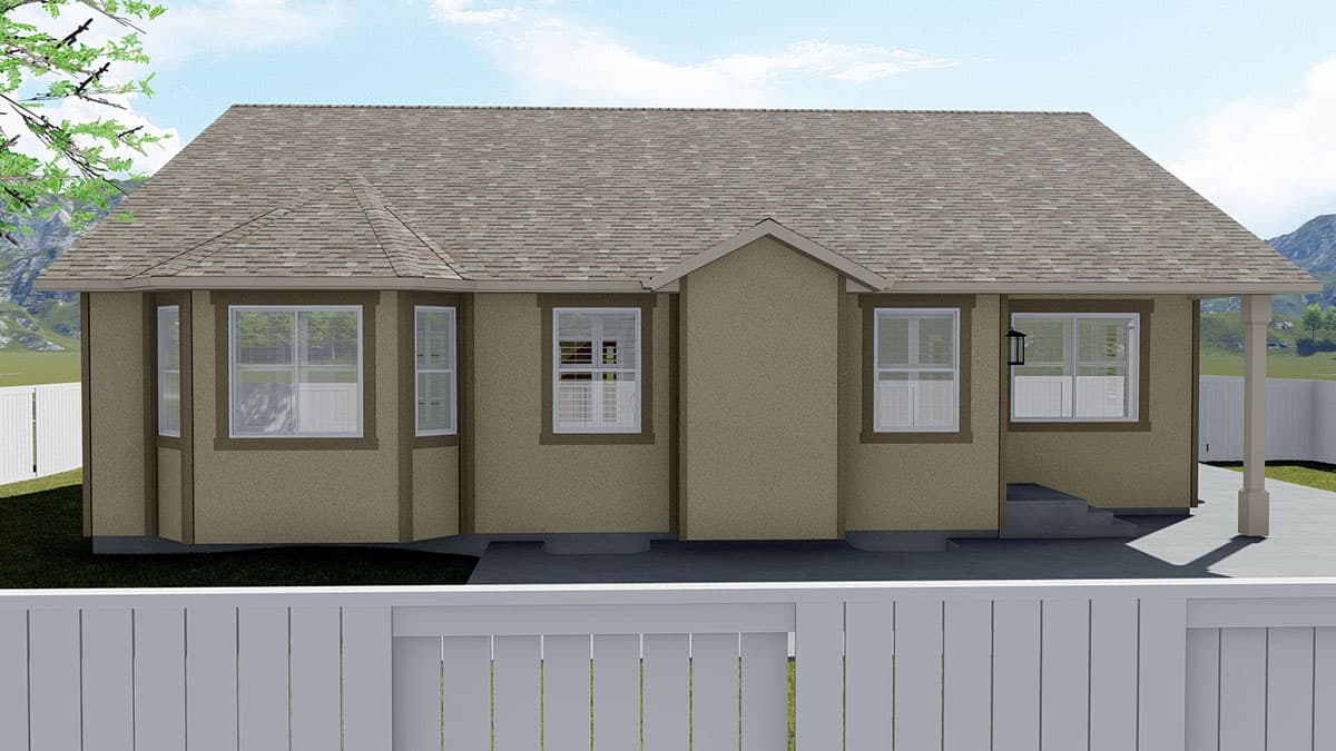 House plan exterior with stucco siding, bay windows, gable roof, and covered porch.