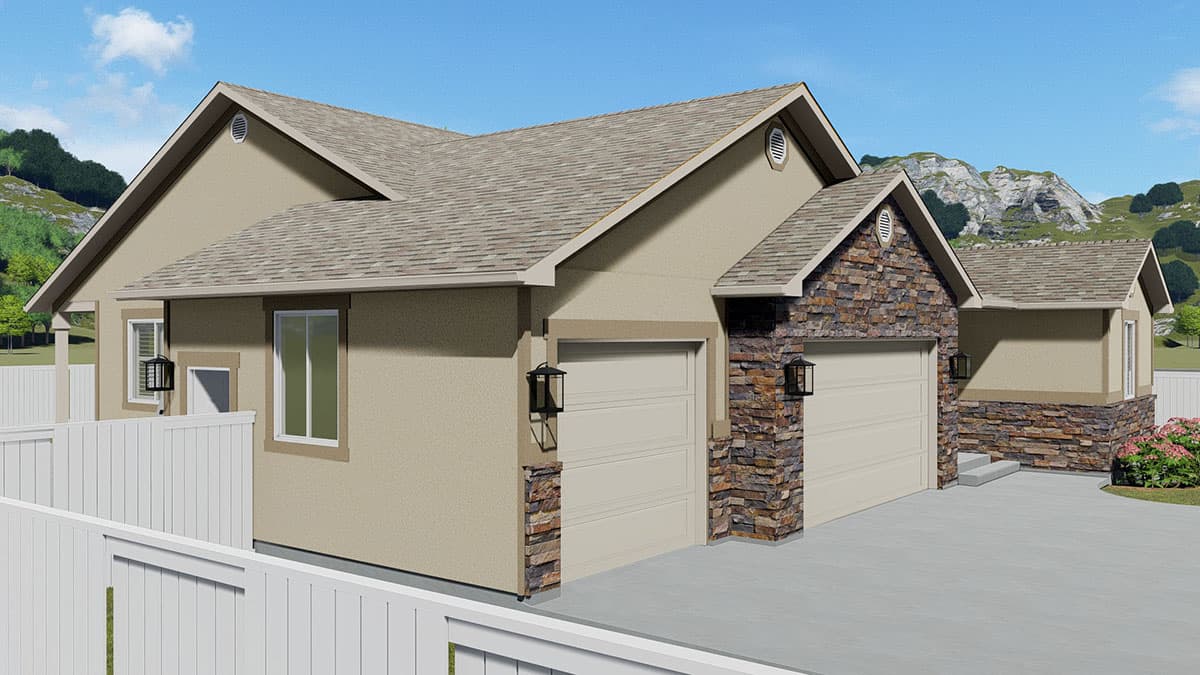 House plan exterior: single-story structure with a three-car garage, stucco siding, stone accents, and asphalt shingle roof.