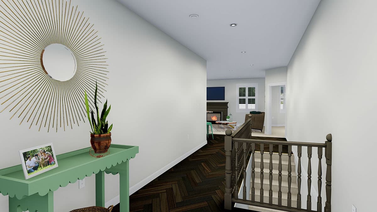 Interior rendering showing a hallway with a console table, sunburst mirror, and staircase leading to a living room with a fireplace.