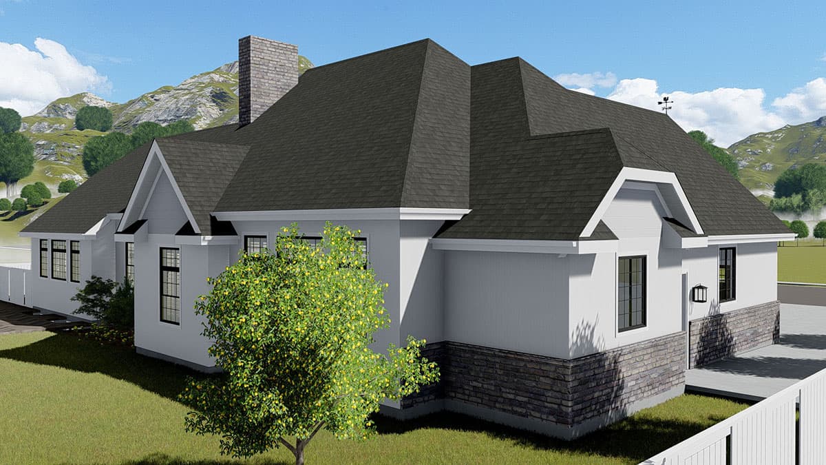 House plan exterior of a one-story home with a dark shingle roof, gables, stone wainscoting, and a prominent chimney.