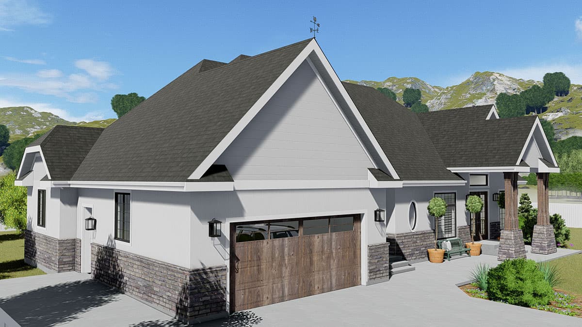 House plan exterior: Ranch-style home with gabled roof, stone accents, covered entry with columns, and a two-car garage.
