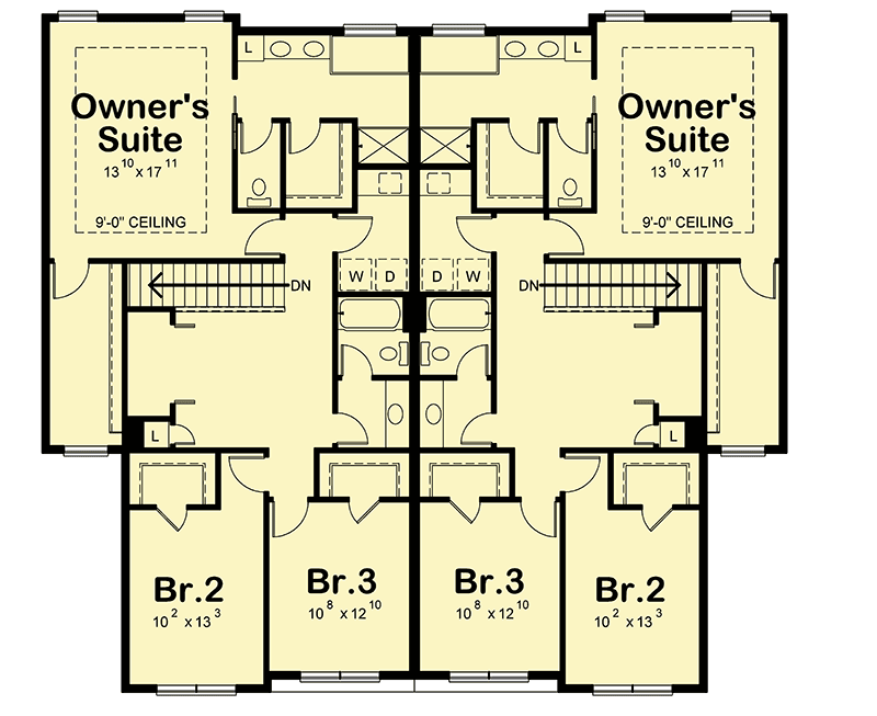 Plan 42569DB: Duplex House Plan with 3 Upstairs Bedrooms - 2064 Sq Ft Units - Floor Plan - 2nd Floor - Northwest, Traditional