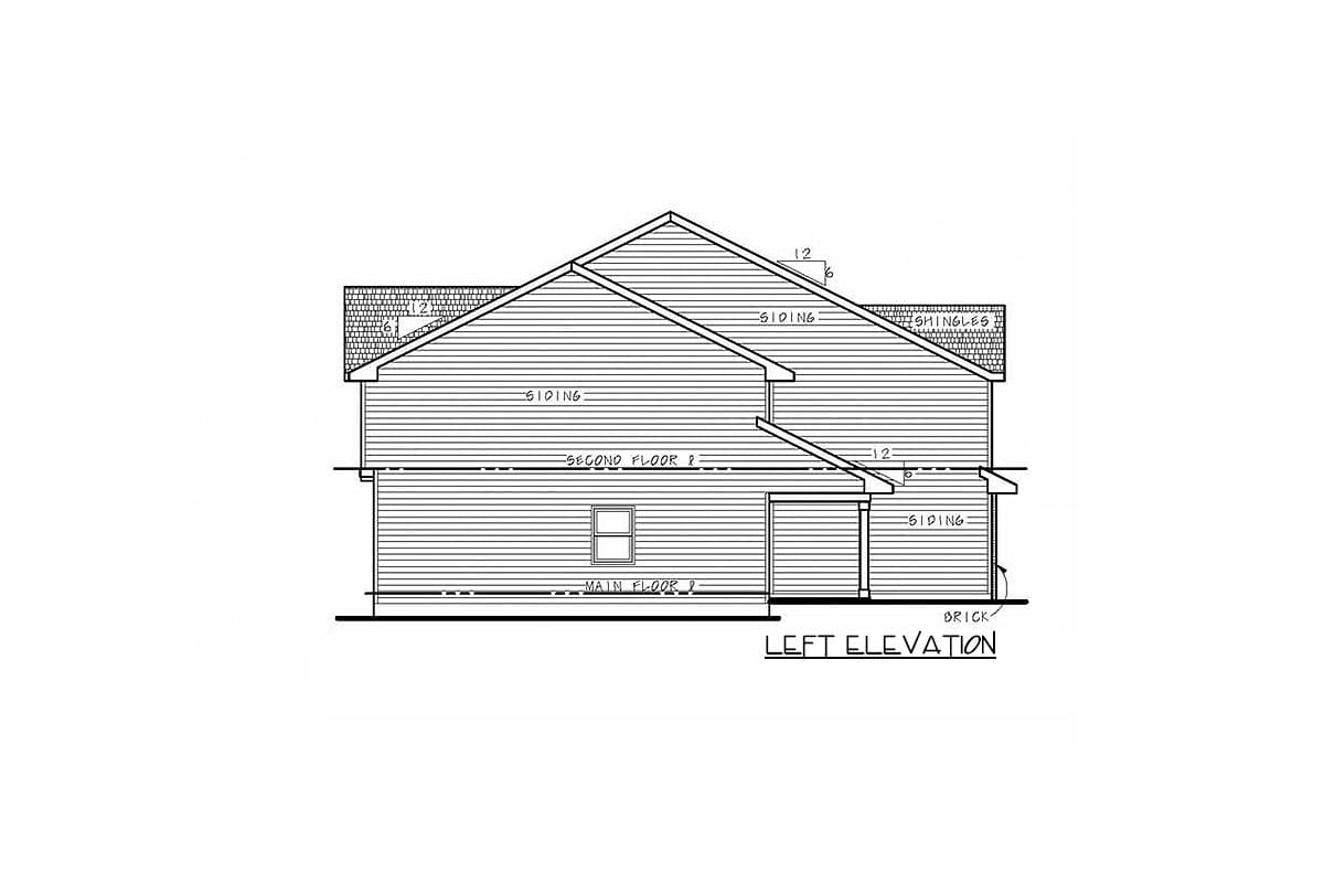 Left elevation drawing of a two-story house plan with siding, gables, and a brick foundation.