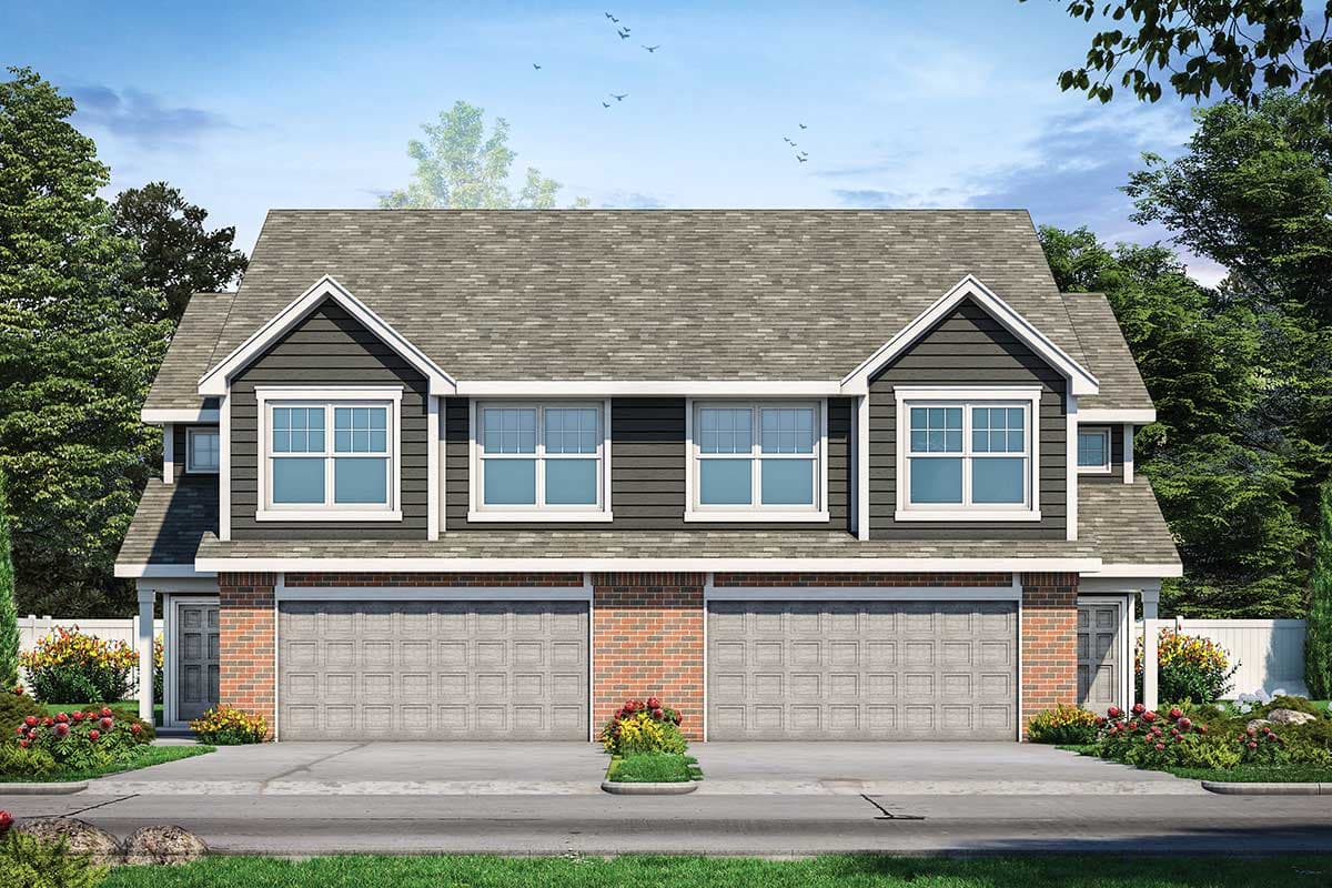 House plan exterior. Two-story home with a gabled roof, brick veneer, and two-car garage. Features include dormers and clapboard siding.