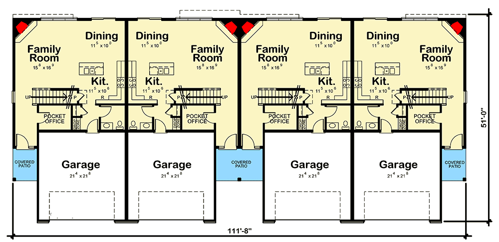 Plan 42570DB: 4-Family House Plan with Upstairs Bedrooms - Floor Plan - Main Level - Cottage, Country, Craftsman, Traditional