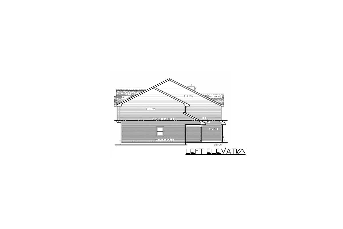 Left elevation drawing of a two-story house plan with siding, a prominent gable, and a brick foundation.