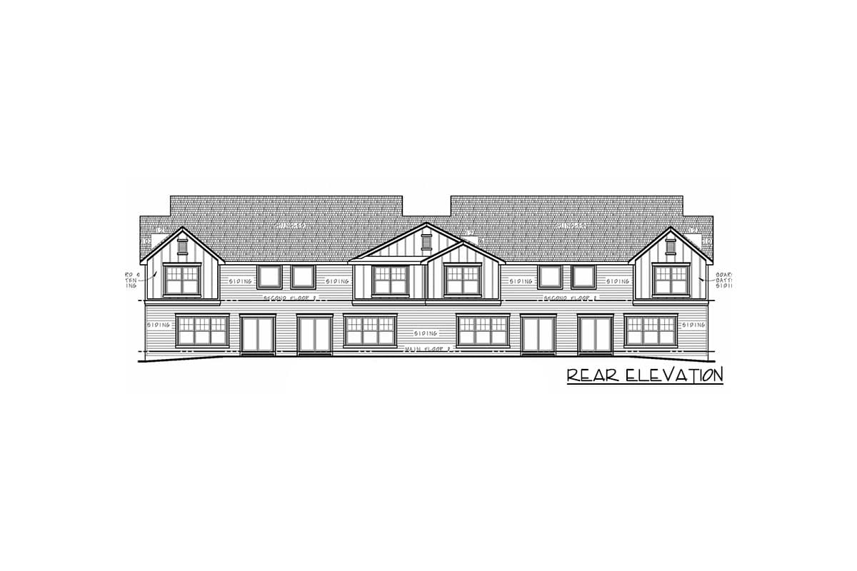 Rear elevation drawing of a two-story house plan with gables, multiple windows on both levels, and siding detail.