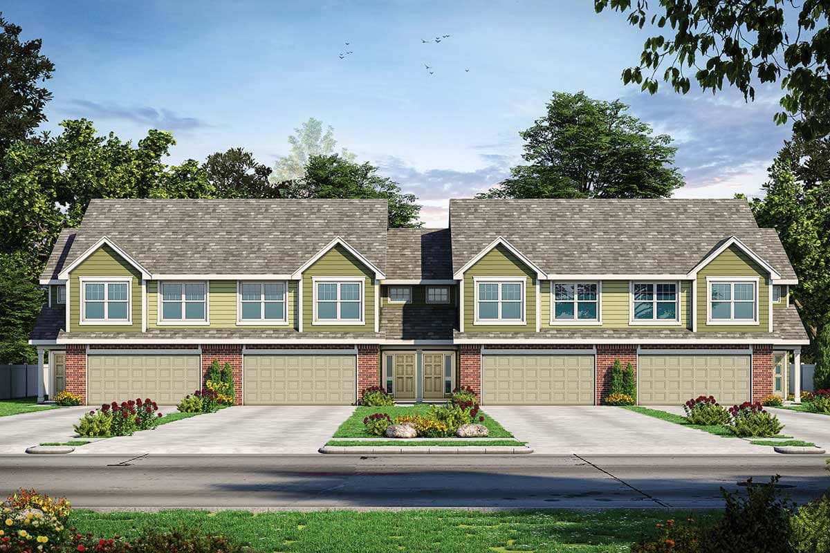 House plan exterior featuring a two-story Craftsman style, multiple gables, a brick facade, and attached garages. Each unit has a separate entrance.