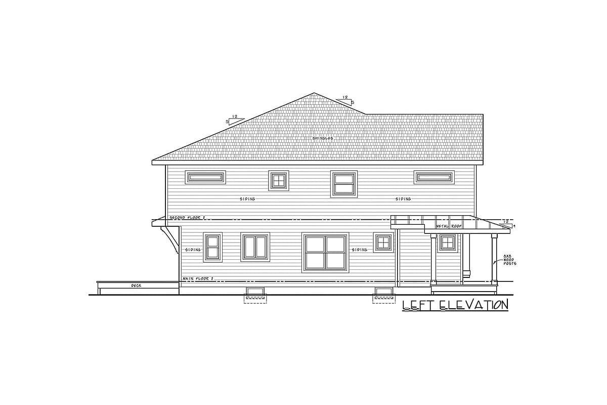 Left elevation drawing of a two-story house plan with siding, deck, and covered porch with metal roof.