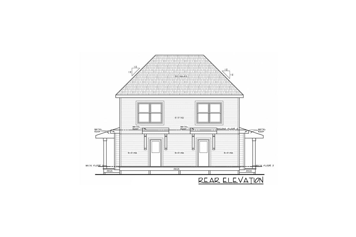 Rear elevation house plan showing two stories, siding, dual doors, covered decks, and hip roof with shingles.