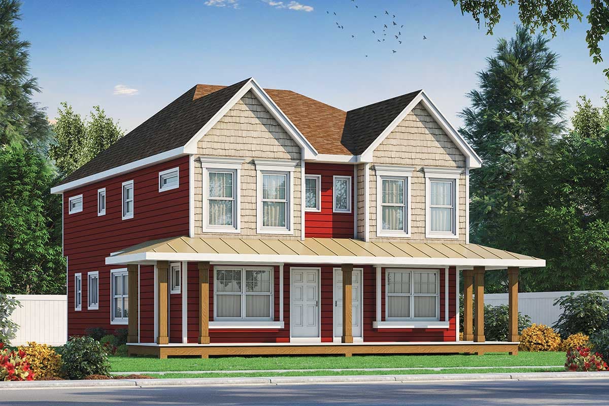 House plan exterior. Two-story home with a wraparound porch, two gabled dormers, and shake siding on the gables.