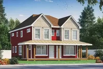 Country Farmhouse 2-Family House Plan with Shared Front Porch - 1291 Sq Ft Units 2 Bed Units