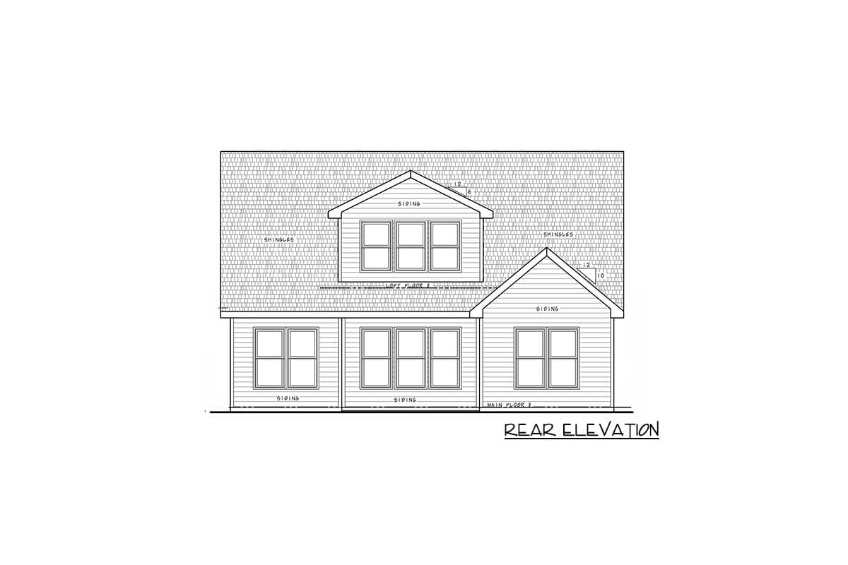 Rear elevation drawing of a house plan with siding, roof shingles, multiple windows, and a dormer.