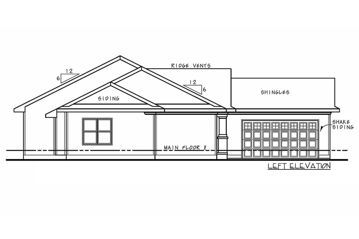 Left elevation of a house plan featuring siding, a gable roof with ridge vents, and a garage with shake siding.