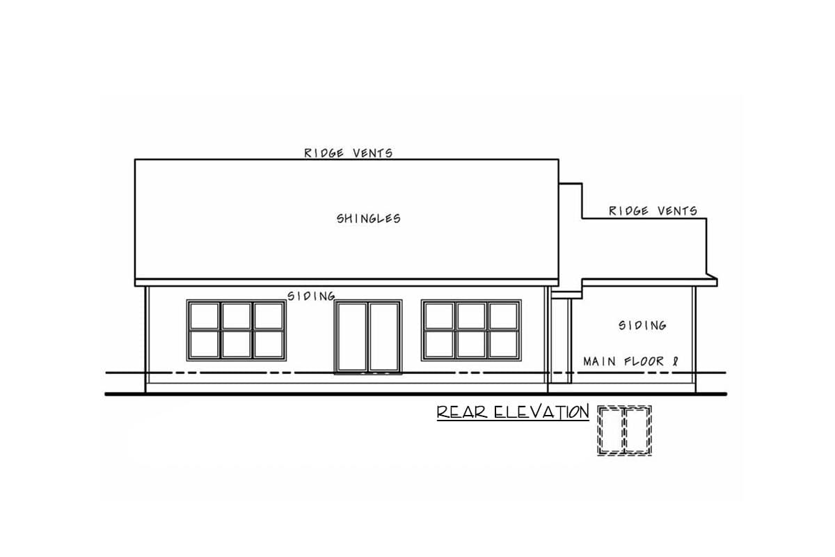 Rear elevation drawing of a house with siding, shingles, ridge vents, and multiple windows.